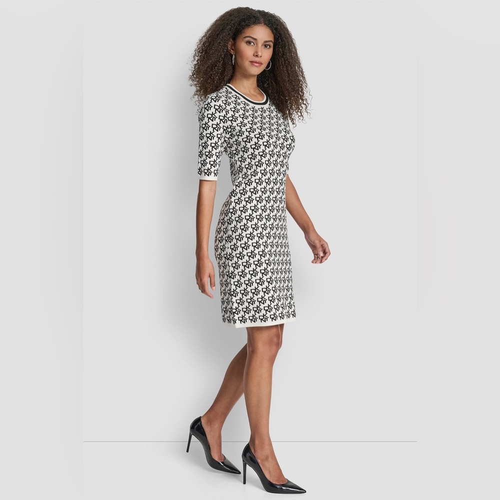 DKNY Short Sleeve Logo Intarsia Sweater Dress in a black and white allover logo
